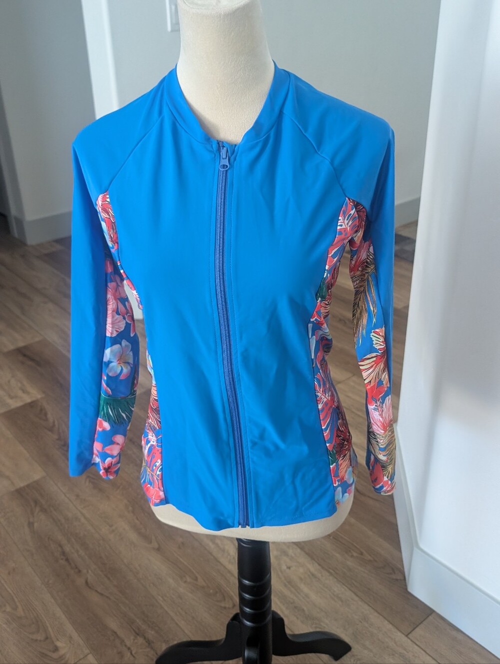 Bright Blue Zip-Up Rash Guard with Tropical Floral Panels
